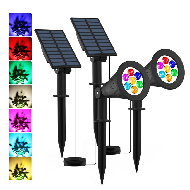T-SUNUS أضواء سبوت لايت RGB الشمسية T-SUNUS للمناظر الطبيعية، أضواء سبوت متغيرة الألوان مقاومة للماء IP65 لبركة الحديقة، ضوء شجرة حائط قابل للتعديل بزاوية 180 درجة مثبت بشكل منفصل للاستخدام الداخلي والخارجي، عبوة من 2 - Image 1